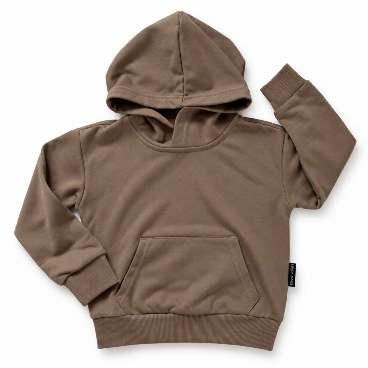 Front flat lay of LENOX JAMES kids hoodie in earthy brown with olive undertones, featuring a kangaroo pocket, ribbed cuffs and hem.