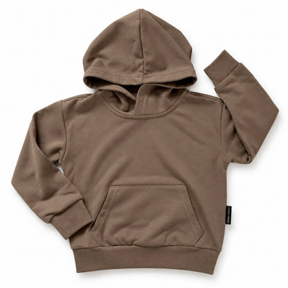 Front flat lay of LENOX JAMES kids hoodie in earthy brown with olive undertones, featuring a kangaroo pocket, ribbed cuffs and hem.