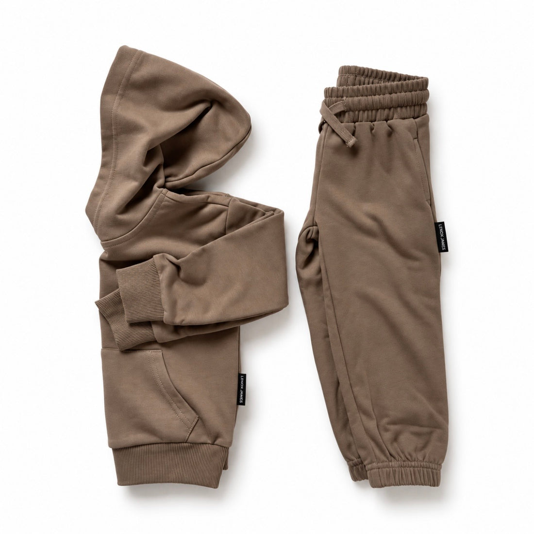 LENOX JAMES kids hoodie in earthy brown with olive undertones styled alongside matching joggers as a coordinated two-piece outfit.