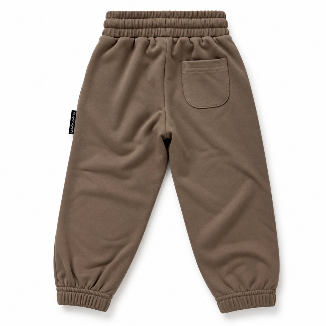 Back view of LENOX JAMES kids joggers in earthy brown with olive undertones, showing the rear patch pocket, elastic waistband and gathered cuffs.
