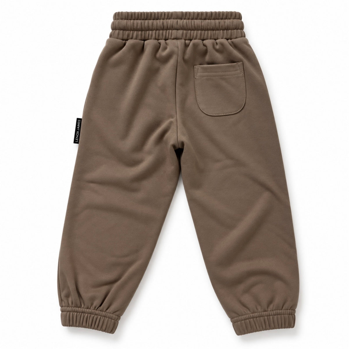 Back view of LENOX JAMES kids joggers in earthy brown with olive undertones, showing the rear patch pocket, elastic waistband and gathered cuffs.