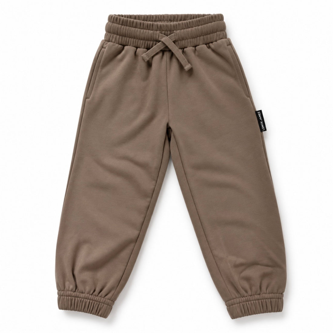 Front view of LENOX JAMES kids joggers in earthy brown with olive undertones, with an elastic drawstring waist, side pockets and cuffed ankles.