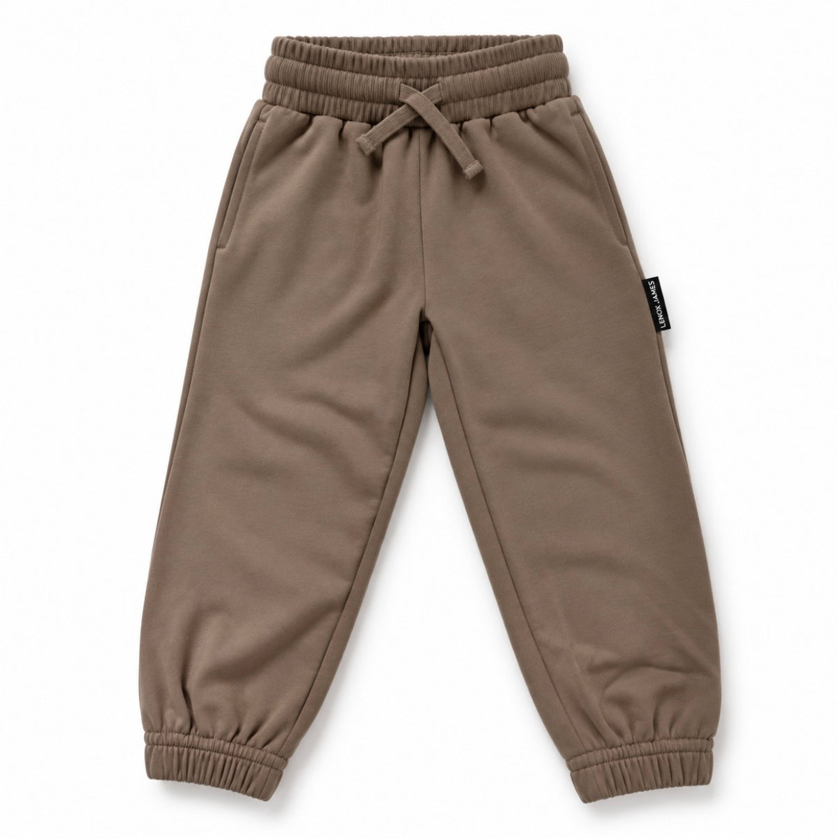Front view of LENOX JAMES kids joggers in earthy brown with olive undertones, with an elastic drawstring waist, side pockets and cuffed ankles.
