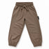 Front view of LENOX JAMES kids joggers in earthy brown with olive undertones, with an elastic drawstring waist, side pockets and cuffed ankles.