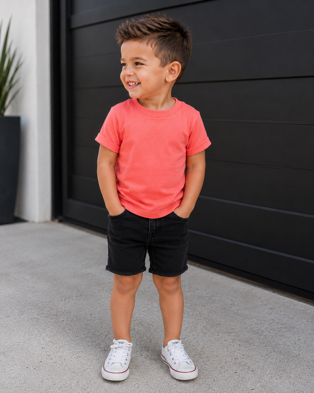 Toddler wearing LENOX JAMES coral cotton crewneck basic tee