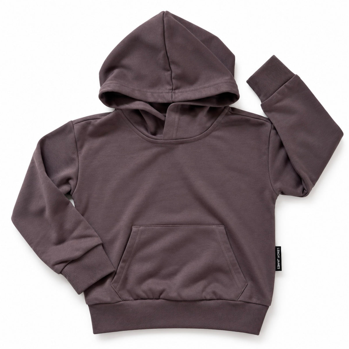 Front flat lay of LENOX JAMES kids hoodie in smoky purple-gray, featuring a kangaroo pocket, ribbed cuffs and hem.