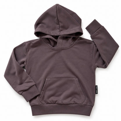 Front flat lay of LENOX JAMES kids hoodie in smoky purple-gray, featuring a kangaroo pocket, ribbed cuffs and hem.