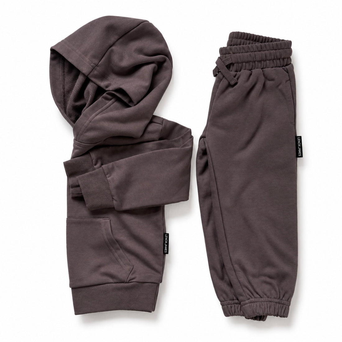 LENOX JAMES kids hoodie in smoky purple-gray styled alongside matching joggers as a coordinated two-piece outfit.