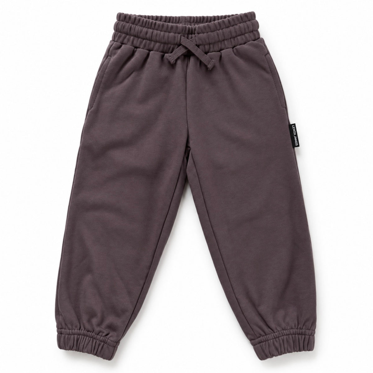 Front view of LENOX JAMES kids joggers in smoky purple-gray, with an elastic drawstring waist, side pockets and cuffed ankles.