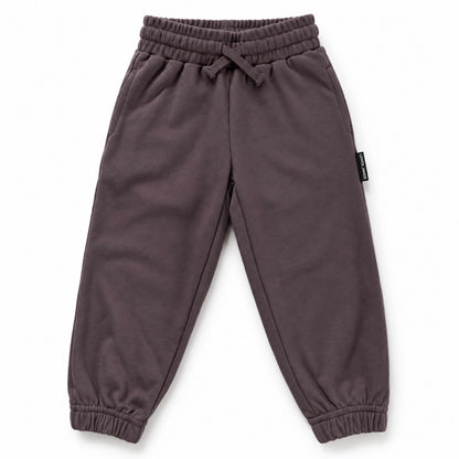 Front view of LENOX JAMES kids joggers in smoky purple-gray, with an elastic drawstring waist, side pockets and cuffed ankles.