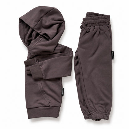 LENOX JAMES kids joggers in smoky purple-gray displayed with the matching hoodie, showing the complete coordinated set.