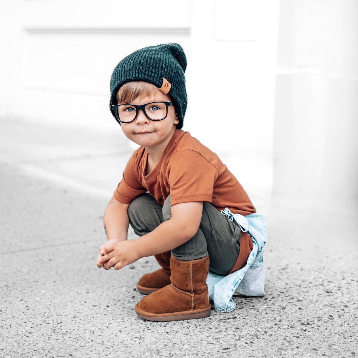 Toddler wearing LENOX JAMES rust cotton crewneck basic tee