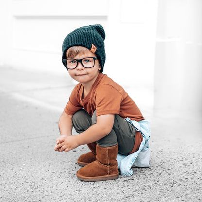 Toddler wearing LENOX JAMES rust cotton crewneck basic tee