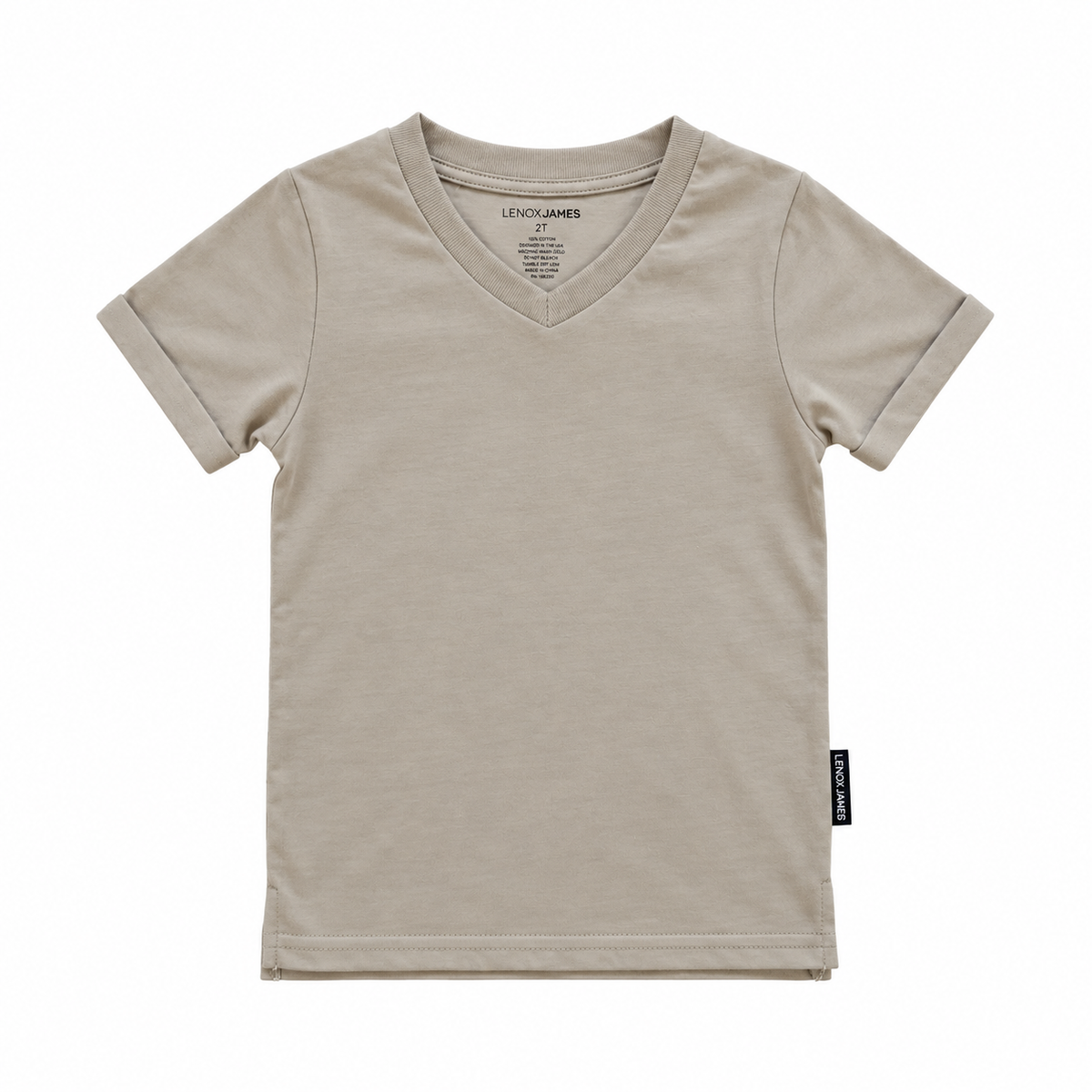 LENOX JAMES sand neutral cotton V-neck tee with split hem