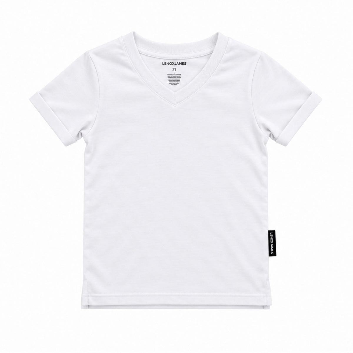 LENOX JAMES white cotton V-neck tee with rolled sleeves and split hem