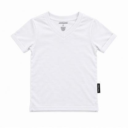 LENOX JAMES white cotton V-neck tee with rolled sleeves and split hem
