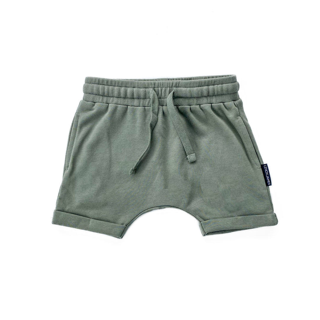 Olive Harem Style Shorts on a White Background