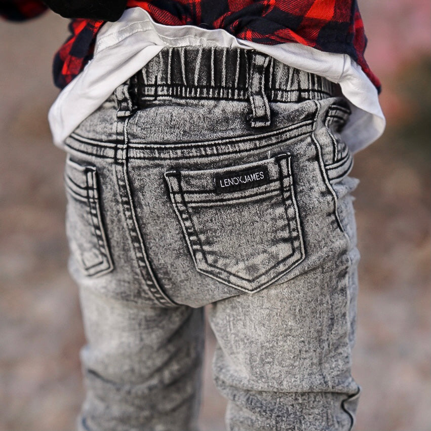 Back detail of LENOX JAMES grey wash kids stretch jeans with pull-on waistband and pockets