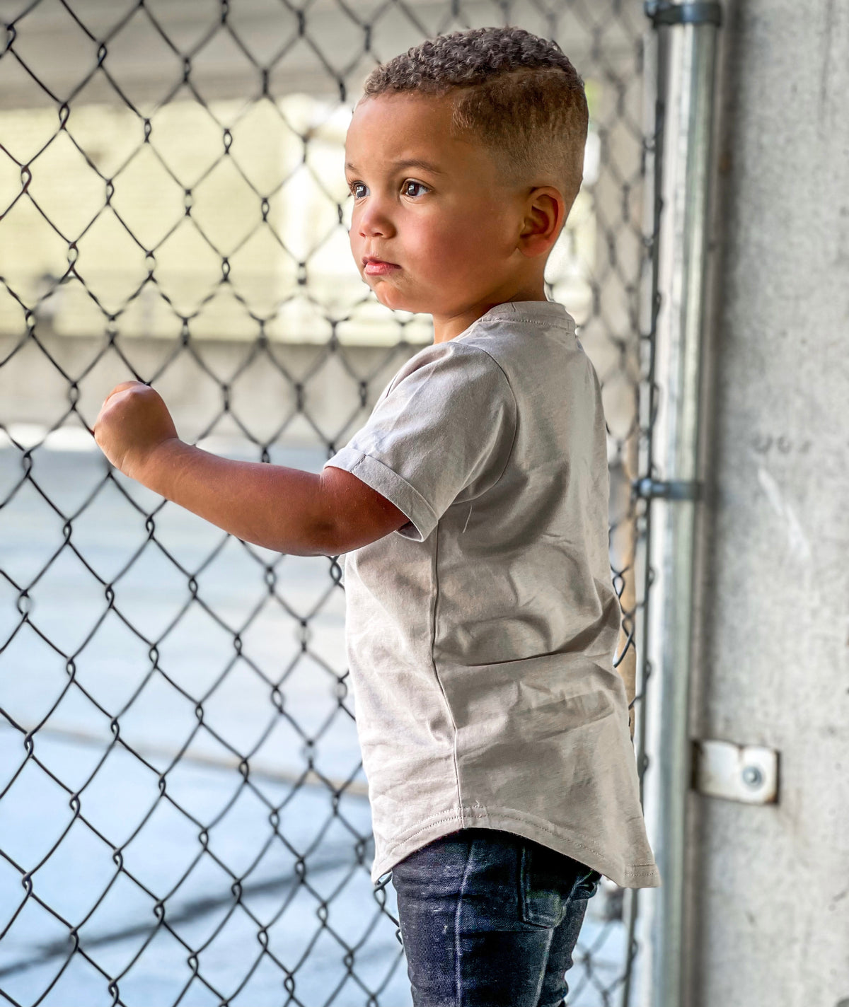 Toddler wearing LENOX JAMES sand cotton crewneck basic tee